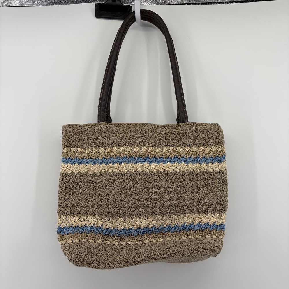 Crocheted Striped Tote Bag Brown Tan Blue Faux Leather Handles